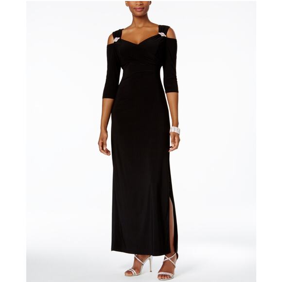 Beaded Long Sleeve Cut Out Shoulder Evening Gown Black Size 16 R&M Richards - Picture 11 of 12